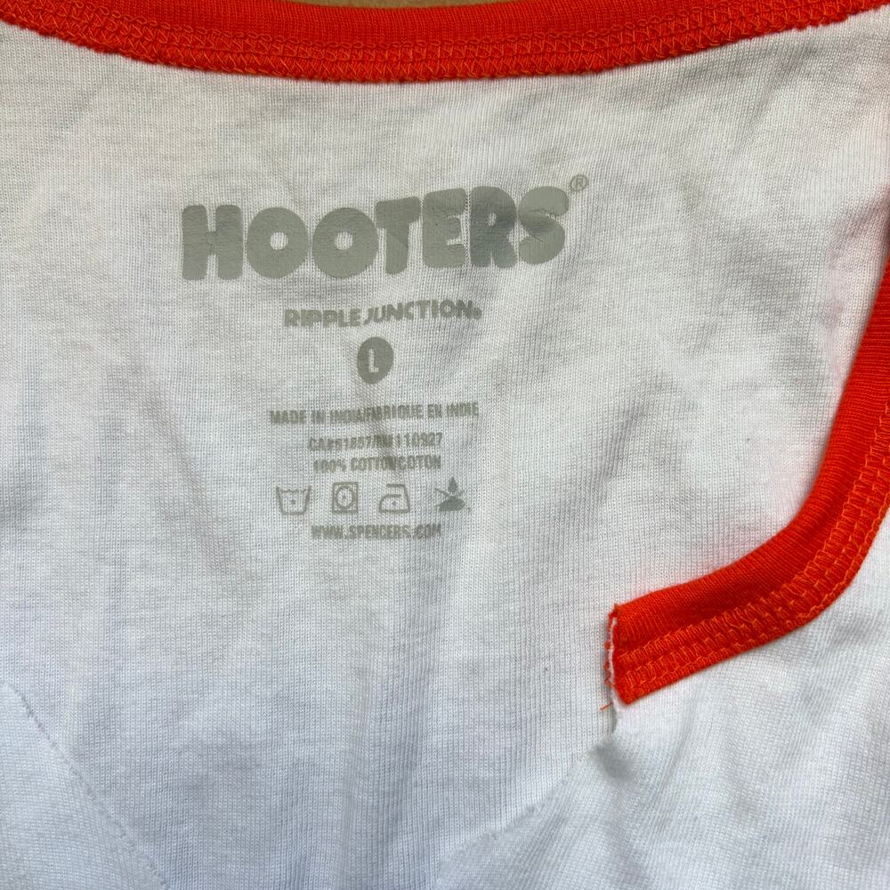 HOOTERS Retro White Tank Orange Trim Fitted Cropped Cotton Y2K Graphic Print Lg - Picture 4 of 6